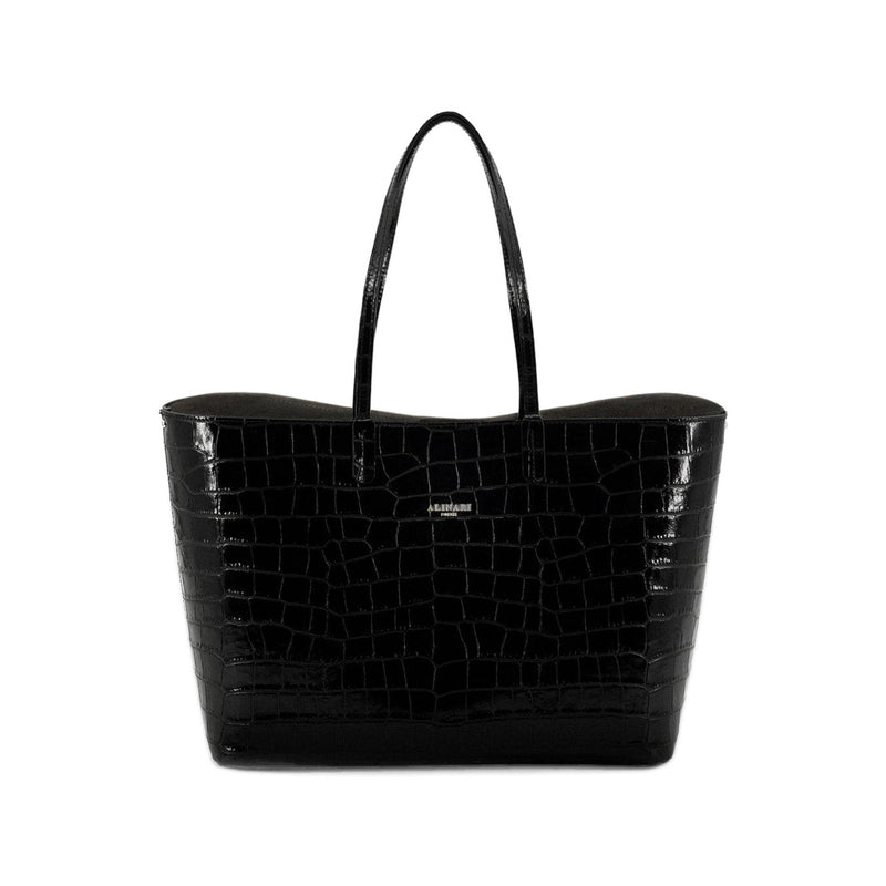 Maxima Croco Tote, laptop tote in black croc-embossed Italian leather – front view – Made in Italy