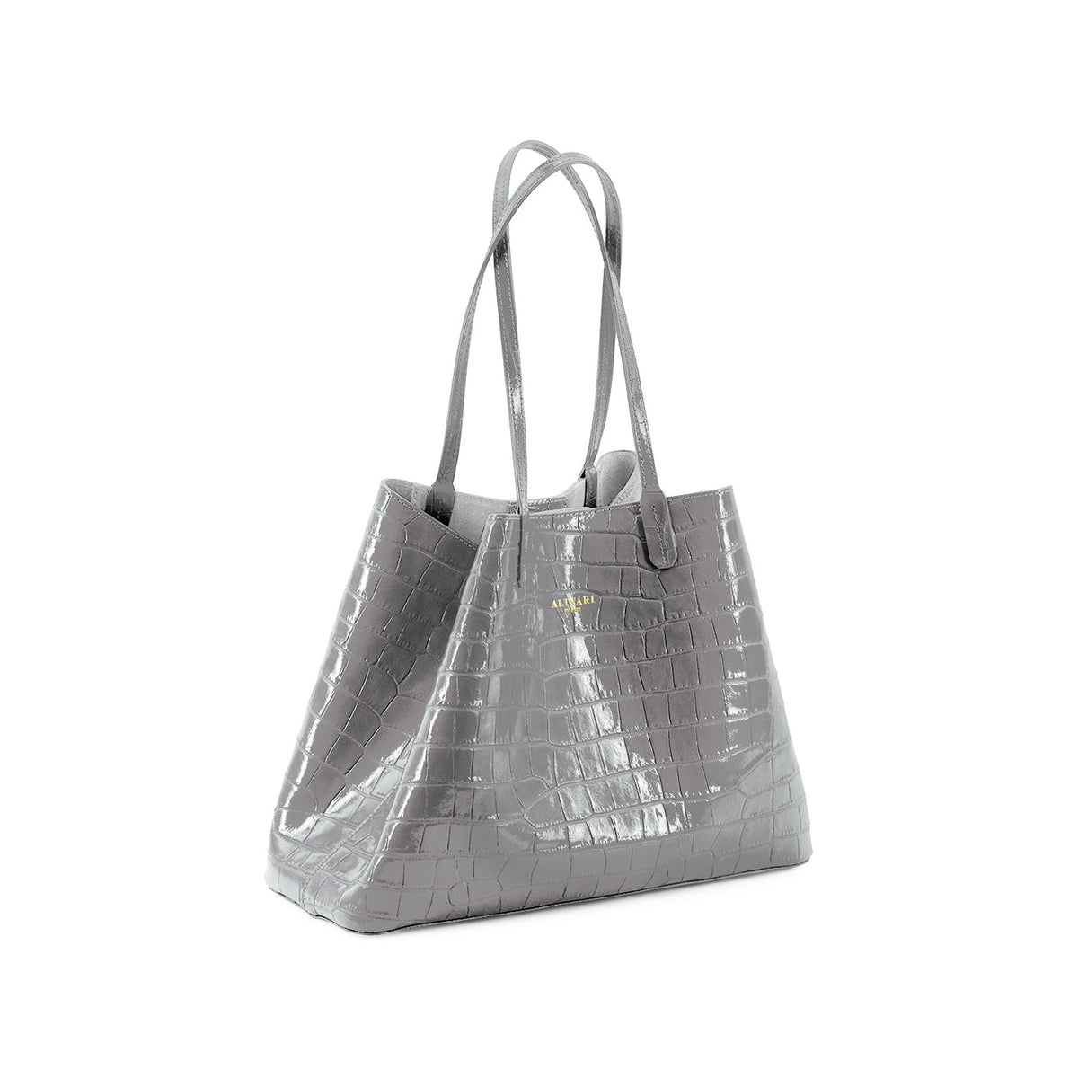 Maxima Croco Tote, laptop tote in grey croc-embossed Italian leather – angled view with the open top