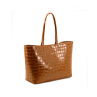 Maxima Croco Tote, laptop tote in camel croc-embossed Italian leather – three-quarter view