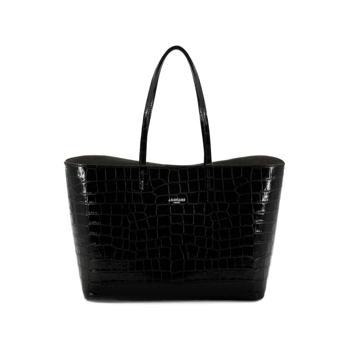 Maxima Croco Tote, laptop tote in black croc-embossed Italian leather – front view – Made in Italy
