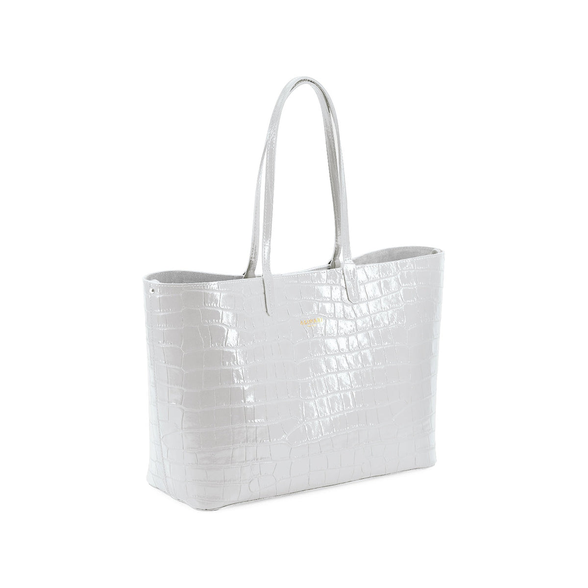 Maxima Croco Tote, laptop tote in white croc-embossed Italian leather – three-quarter view