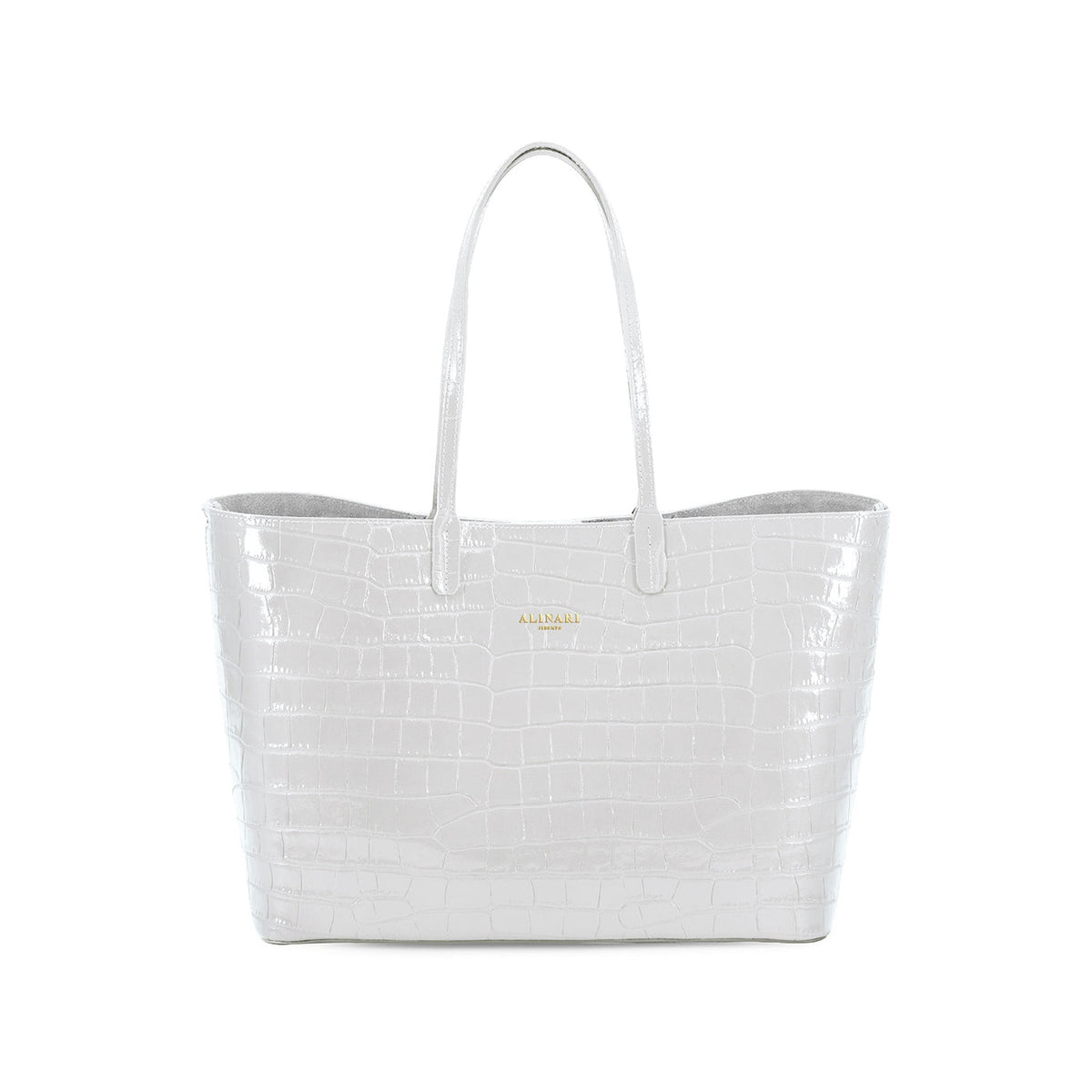 Maxima Croco Tote, laptop tote in white croc-embossed Italian leather – front view