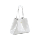 Maxima Croco Tote, laptop tote in white croc-embossed Italian leather – angled view with the open top