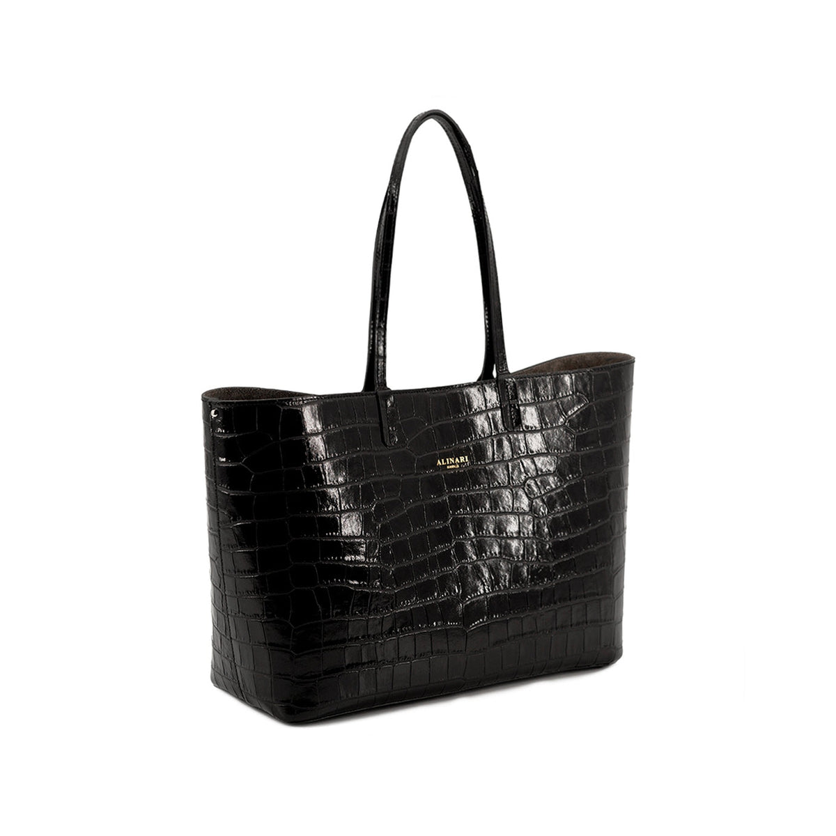 Maxima Croco Tote, laptop tote in black croc-embossed Italian leather – three-quarter view