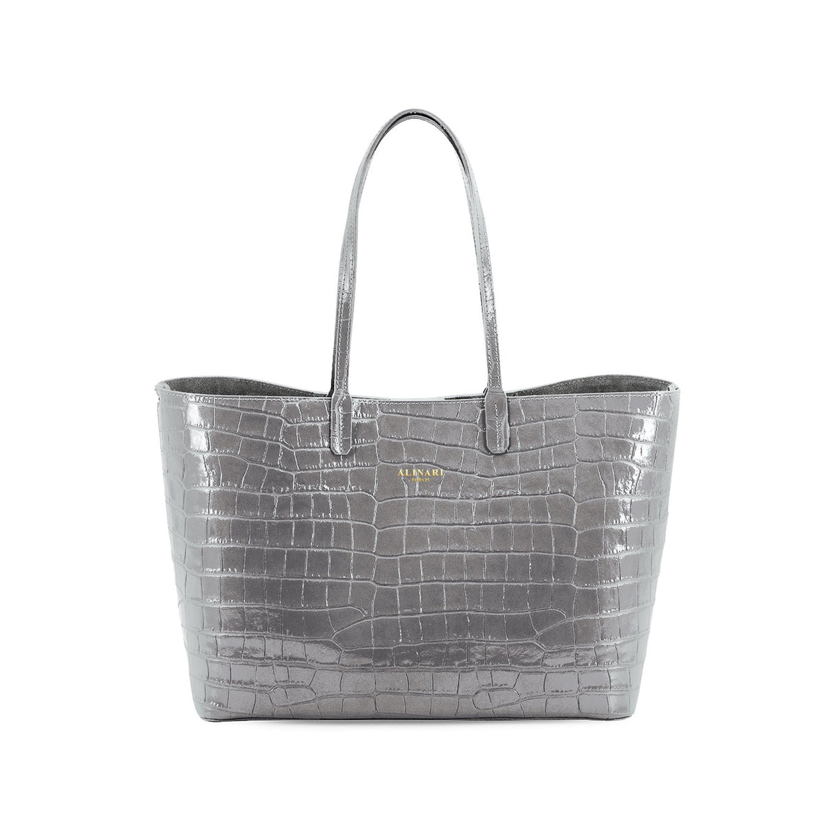 Maxima Croco Tote, laptop tote in grey croc-embossed Italian leather – front view