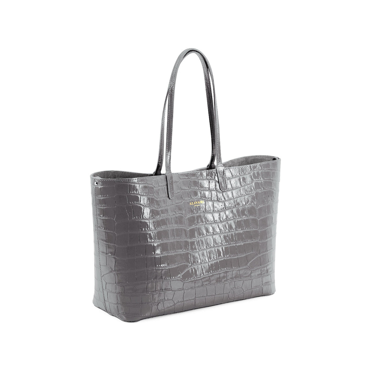 Maxima Croco Tote, laptop tote in grey croc-embossed Italian leather – three-quarter view