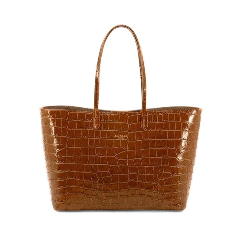 Maxima croco-embossed Italian leather tote in camel, front view