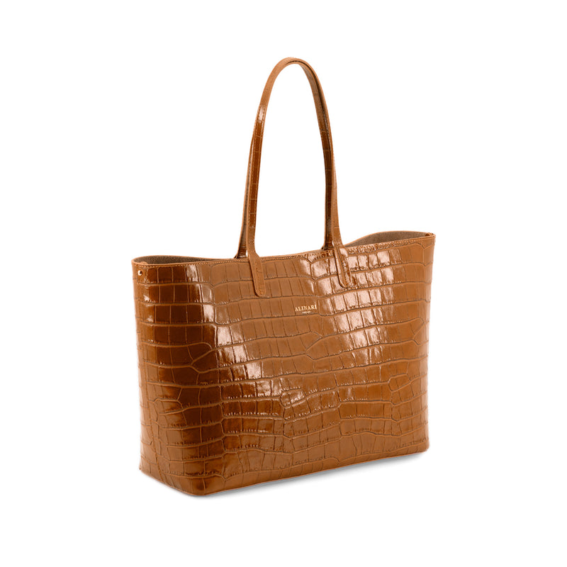 Maxima Croco Tote, laptop tote in camel croc-embossed Italian leather – three-quarter view – Made in Italy