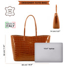 Maxima Croco Tote, laptop tote in camel croc-embossed Italian leather – size guide: 48 × 30 × 14 cm, fits a 15.6" laptop