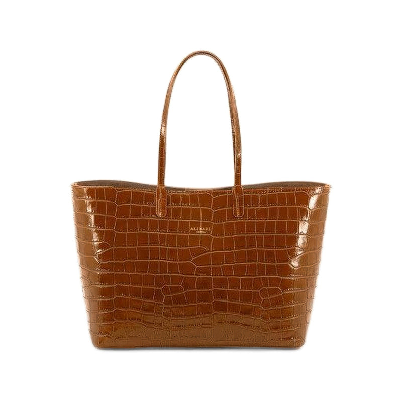 Maxima croco-embossed Italian leather tote in camel, front view