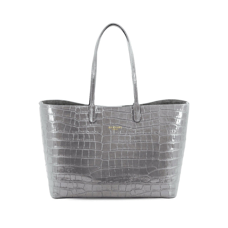 Maxima Croco Tote, laptop tote in grey croc-embossed Italian leather – front view – Made in Italy