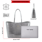 Maxima Croco Tote, laptop tote in grey croc-embossed Italian leather – size guide: 48 × 30 × 14 cm, fits a 15.6" laptop