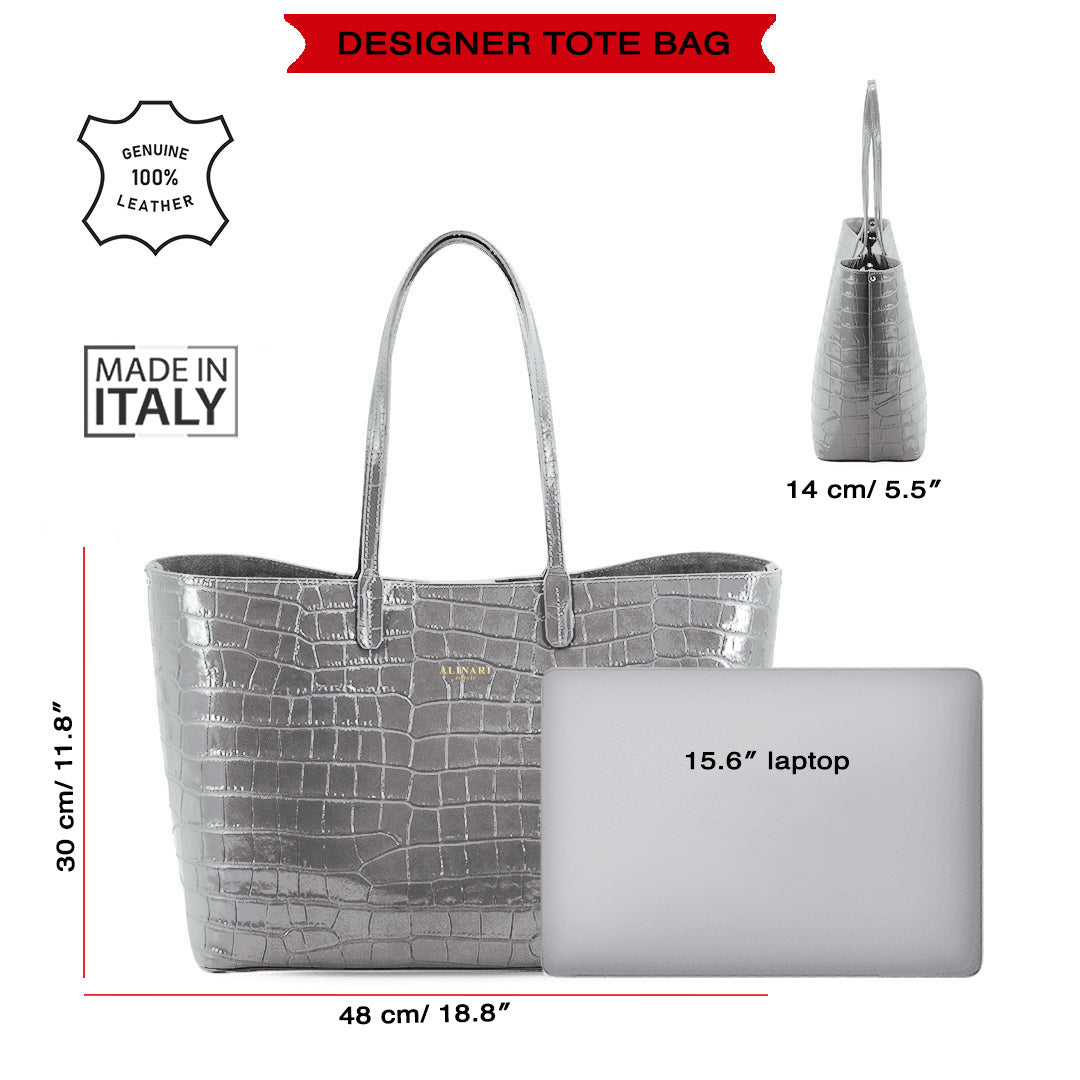 Maxima Croco Tote, laptop tote in grey croc-embossed Italian leather – size guide: 48 × 30 × 14 cm, fits a 15.6" laptop