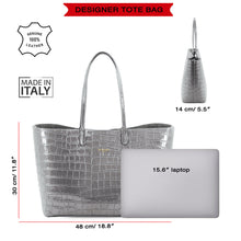 Maxima Croco Tote, laptop tote in grey croc-embossed Italian leather – size guide: 48 × 30 × 14 cm, fits a 15.6" laptop