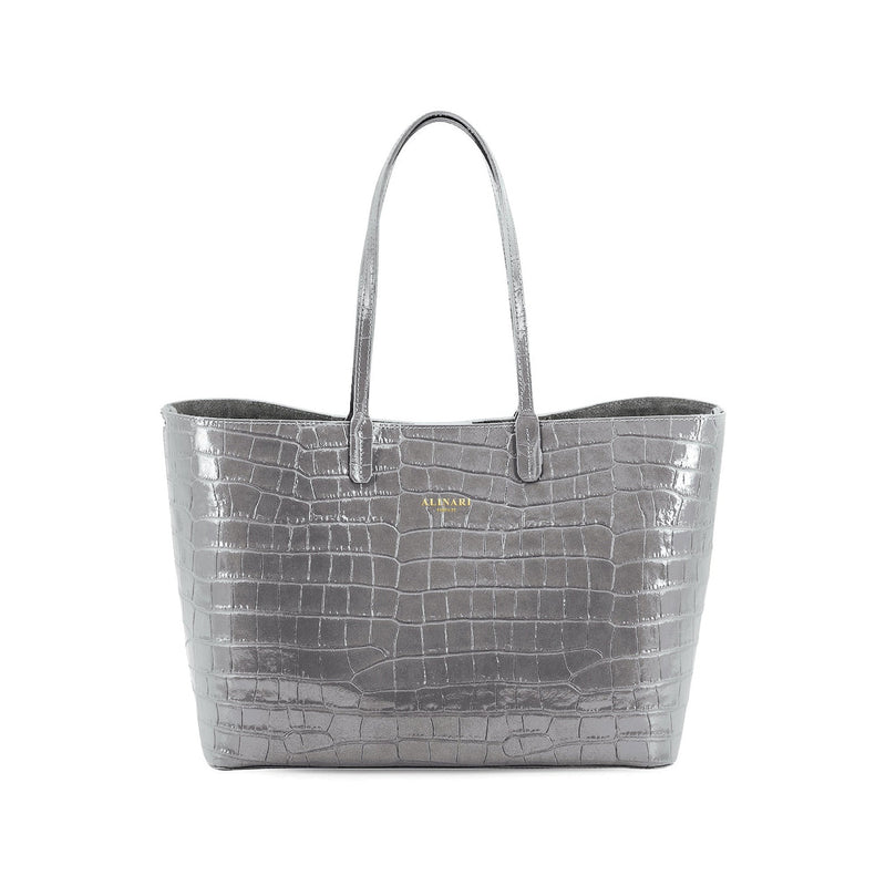 Maxima Croco Tote, laptop tote in grey croc-embossed Italian leather – front view – Made in Italy