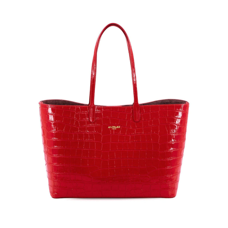 Maxima Croco Tote, laptop tote in red croc-embossed Italian leather – front view – Made in Italy