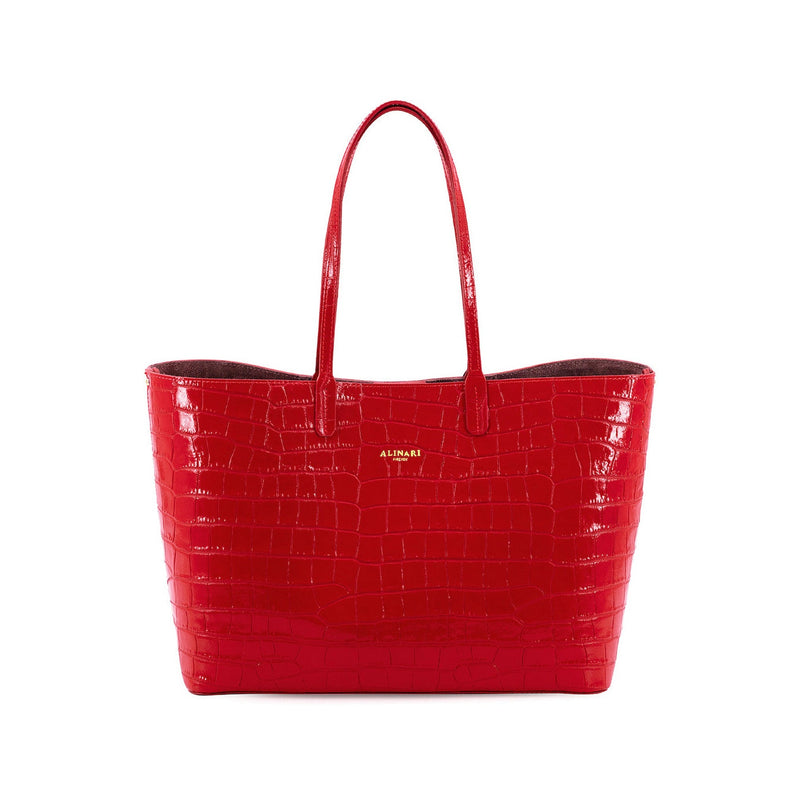 Maxima Croco Tote, laptop tote in red croc-embossed Italian leather – front view – Made in Italy