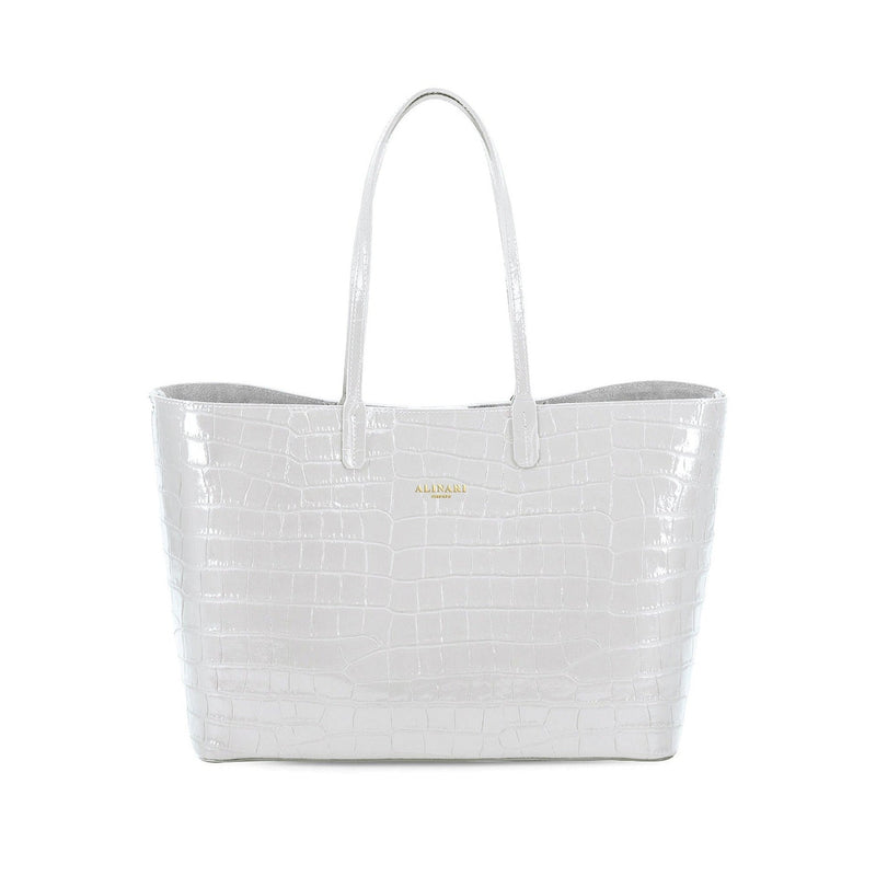 Maxima Croco Tote, laptop tote in white croc-embossed Italian leather – front view – Made in Italy