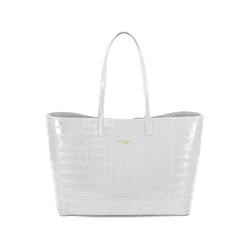 Maxima Croco Tote, laptop tote in white croc-embossed Italian leather – front view – Made in Italy