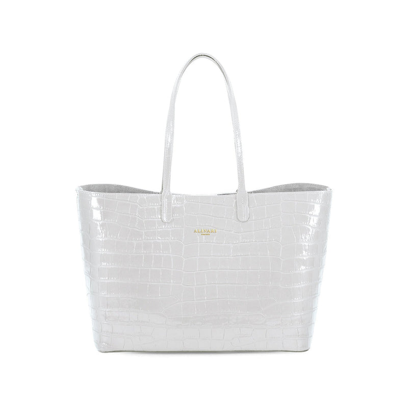 Maxima Croco Tote, laptop tote in white croc-embossed Italian leather – front view – Made in Italy