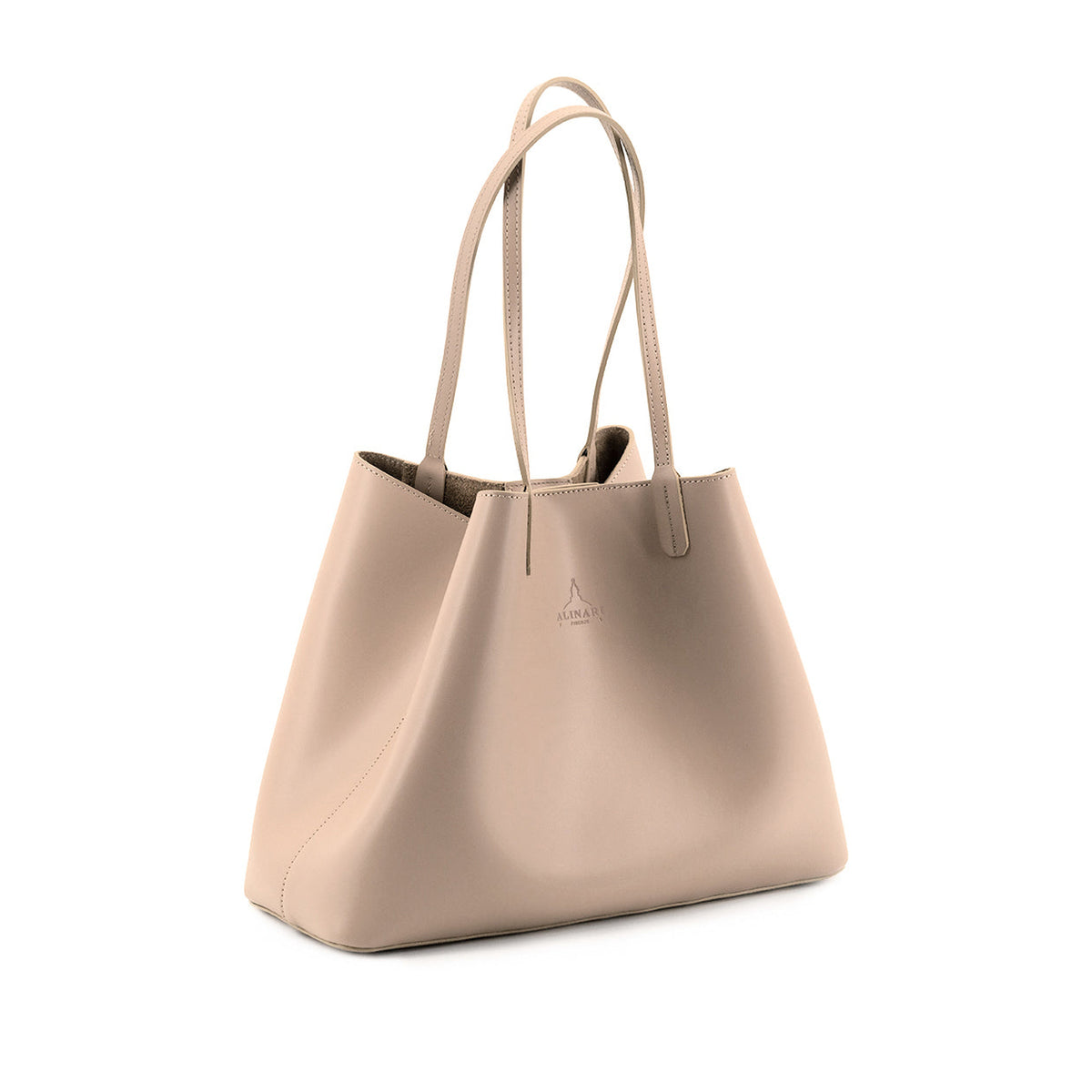Maxima Tote, laptop tote in beige smooth Italian leather – three-quarter view