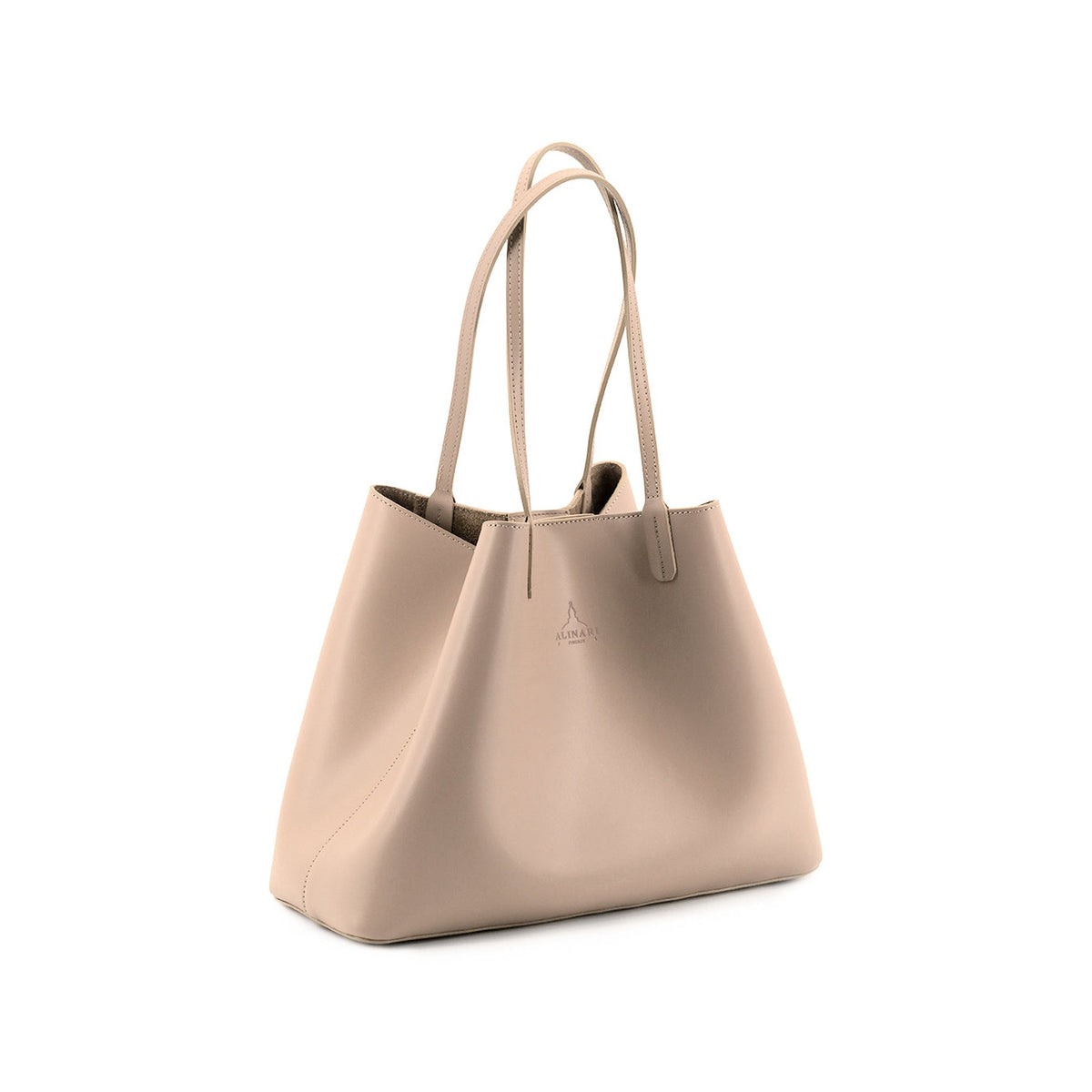 Maxima Tote, laptop tote in beige smooth Italian leather – three-quarter view