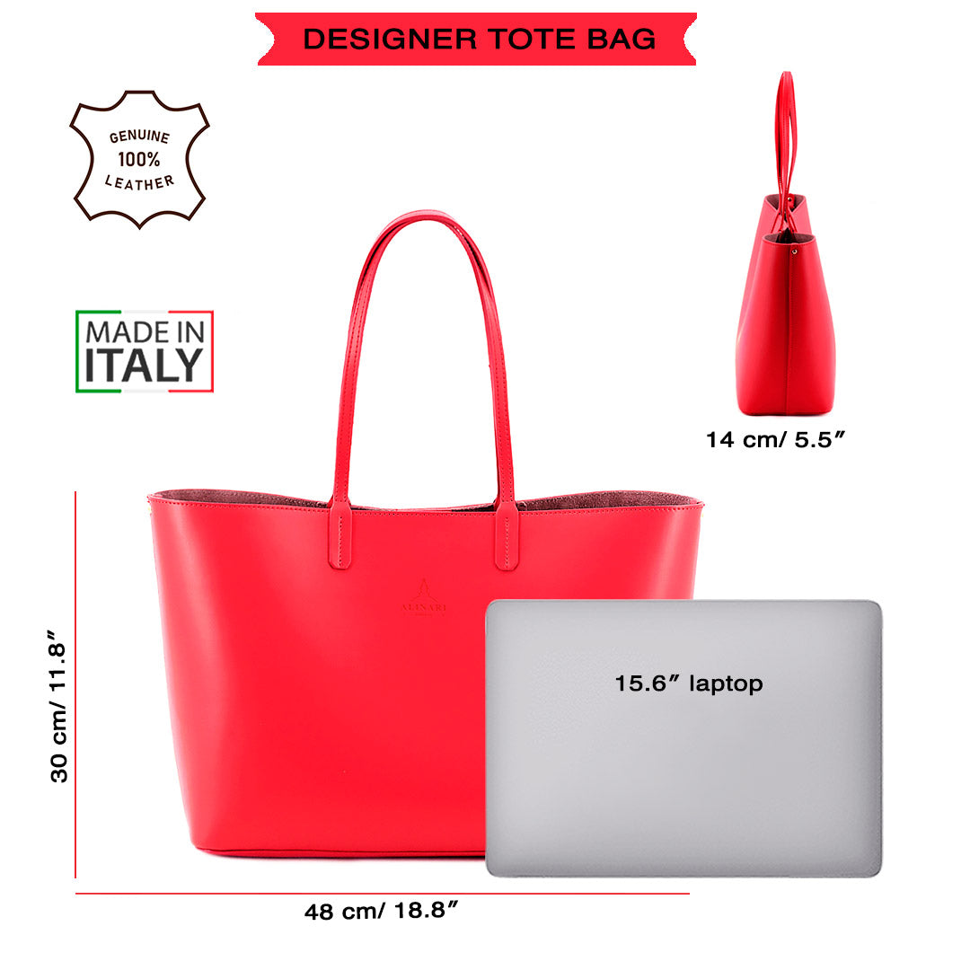 Maxima Tote, laptop tote in red smooth Italian leather – size guide: 48 × 30 × 14 cm, fits a 15.6" laptop