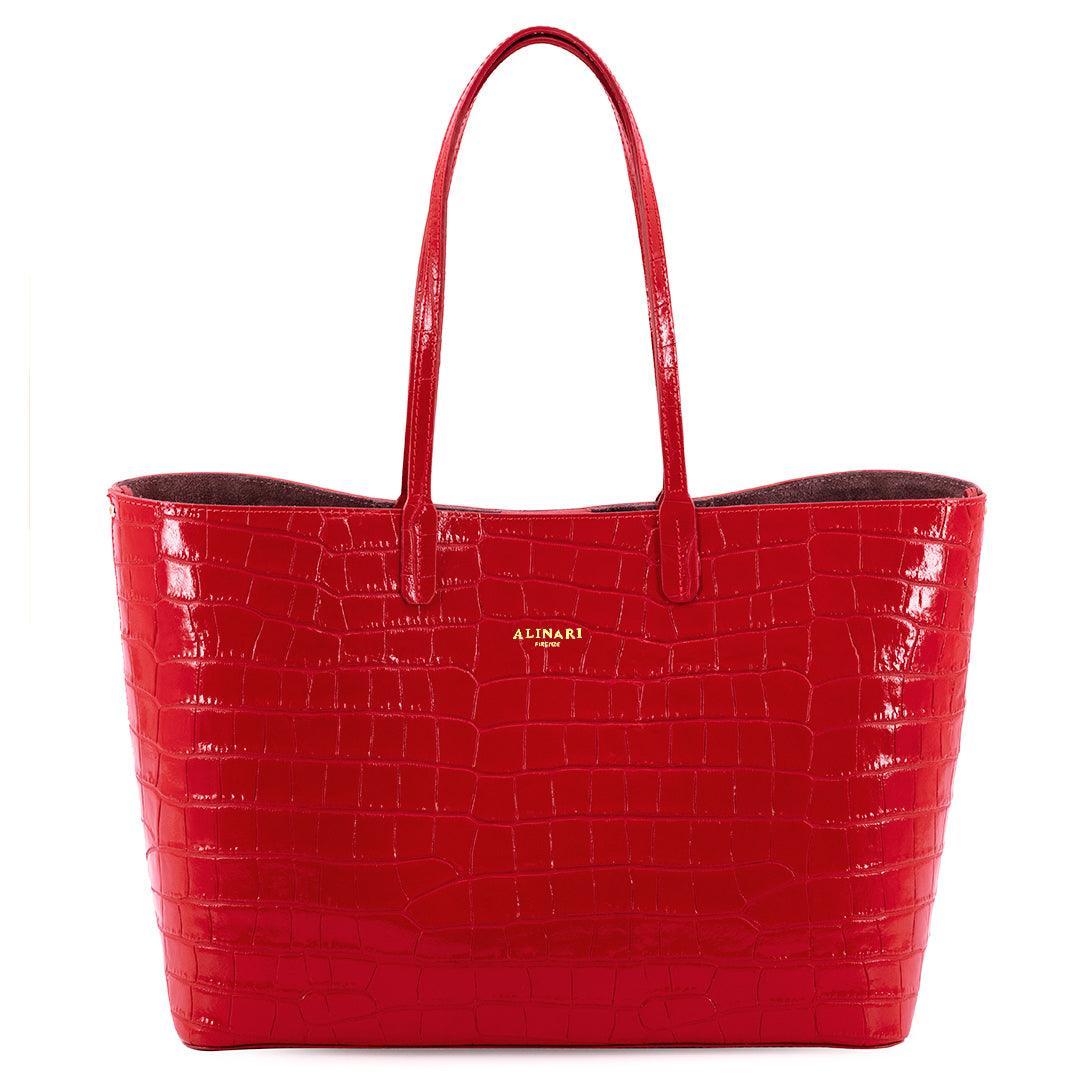 Maxima Croco Tote, cabas pour ordinateur en cuir italien embossé croco rouge – vue de face