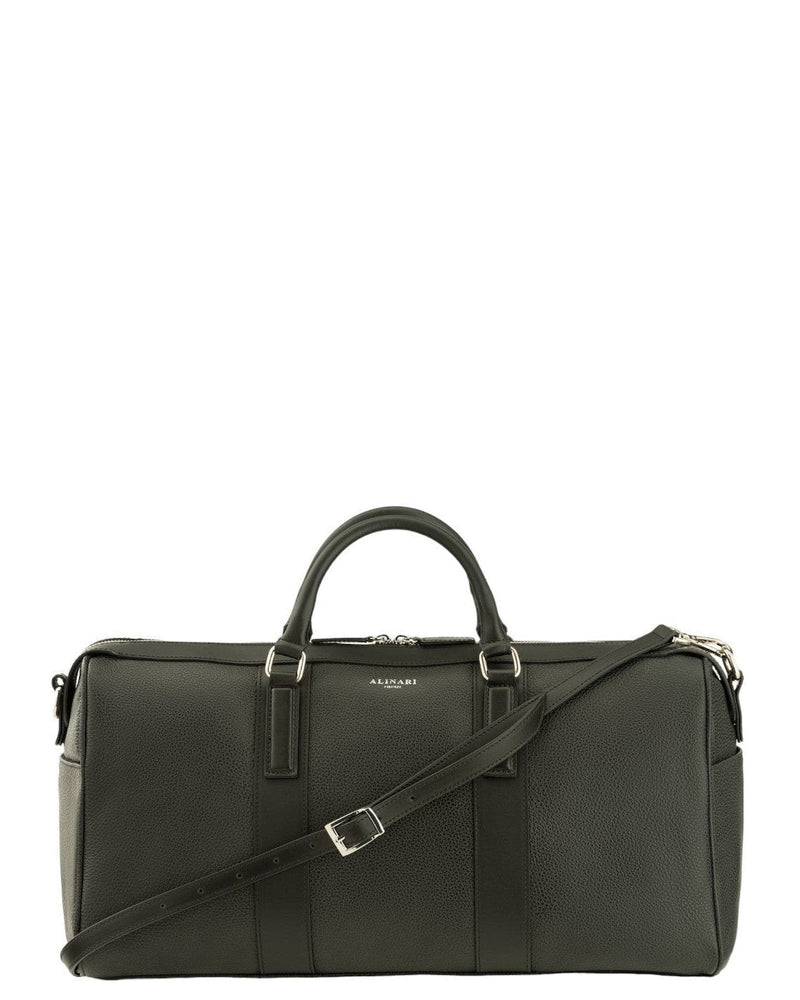 Milano, travel bag in black deer-print Italian calfskin – front view with shoulder strap – Made in Italy