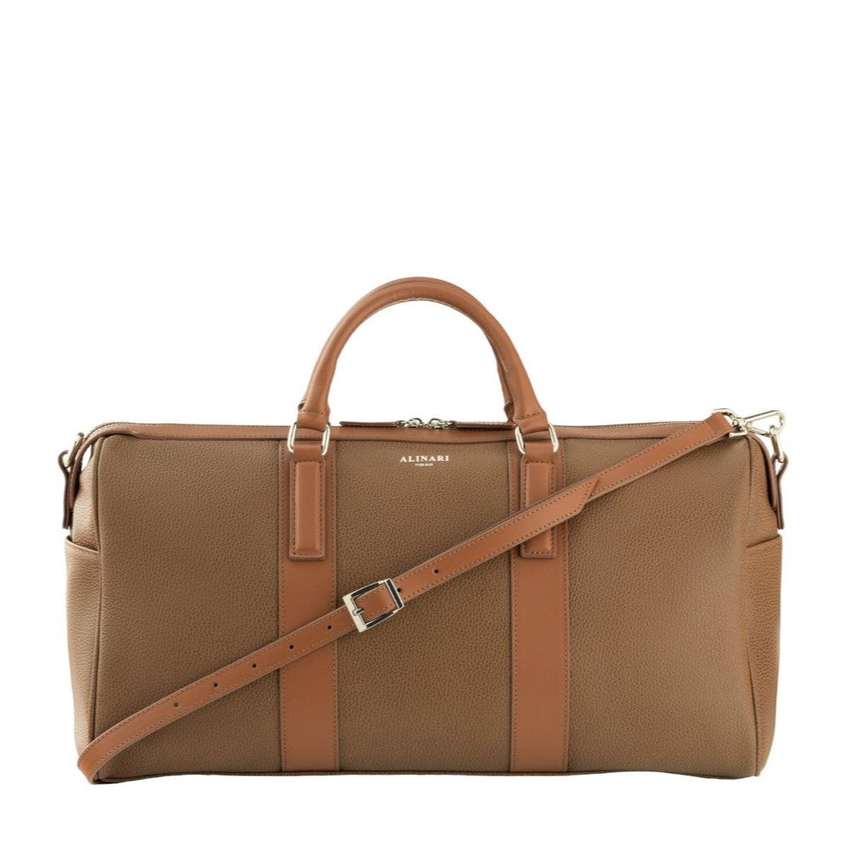 Milano, travel bag in brown deer-print Italian calfskin – front view with shoulder strap