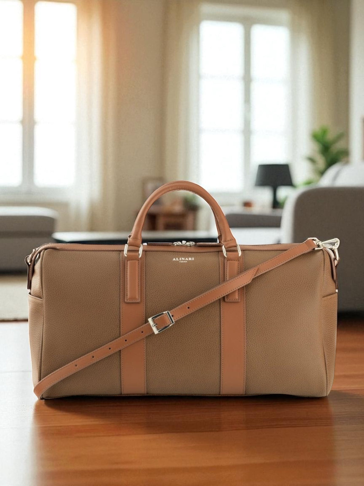 Milano, travel bag in brown deer-print Italian calfskin – styled photo
