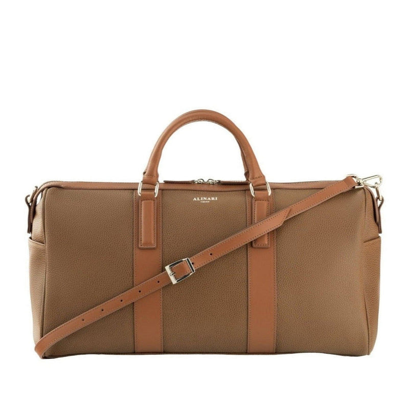 Milano, travel bag in brown deer-print Italian calfskin – front view with shoulder strap – Made in Italy