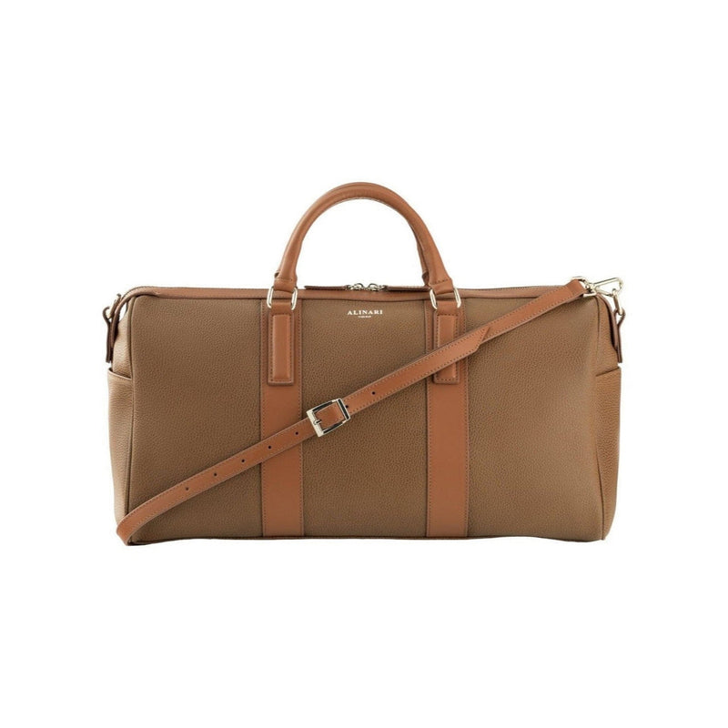 Milano, travel bag in brown deer-print Italian calfskin – front view with shoulder strap – Made in Italy