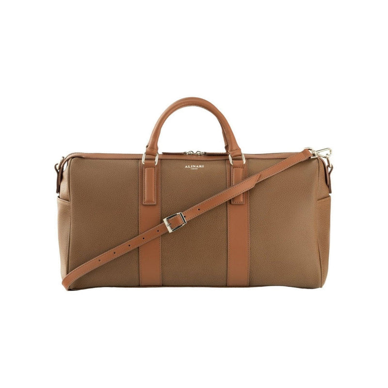 Milano, travel bag in brown deer-print Italian calfskin – front view with shoulder strap – Made in Italy