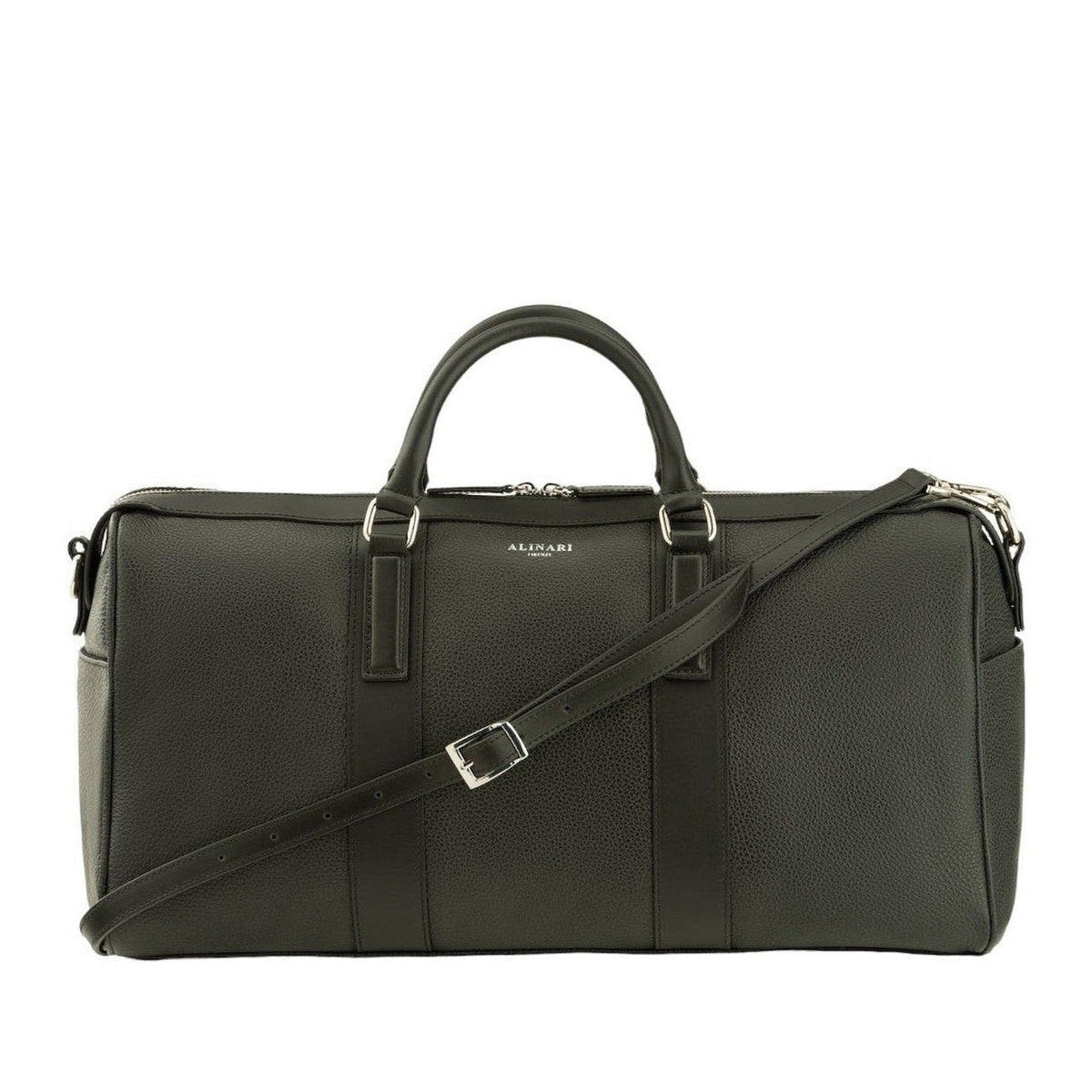Milano, travel bag in black deer-print Italian calfskin – front view with shoulder strap – handmade in Florence