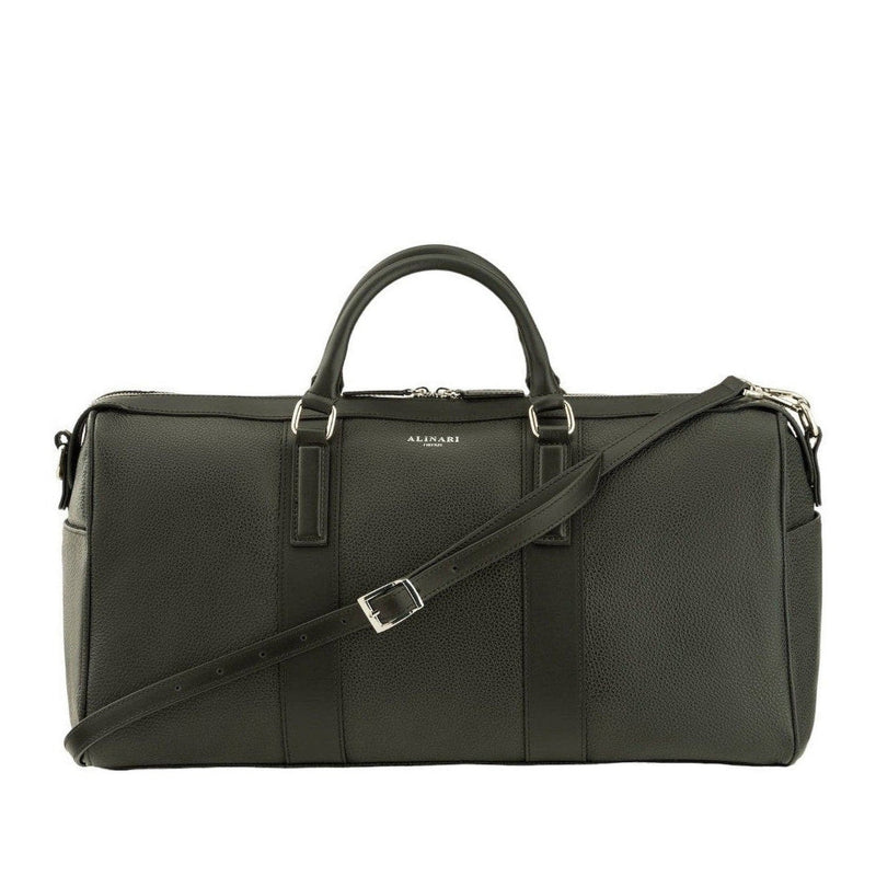Milano, travel bag in black deer-print Italian calfskin – front view with shoulder strap – Made in Italy