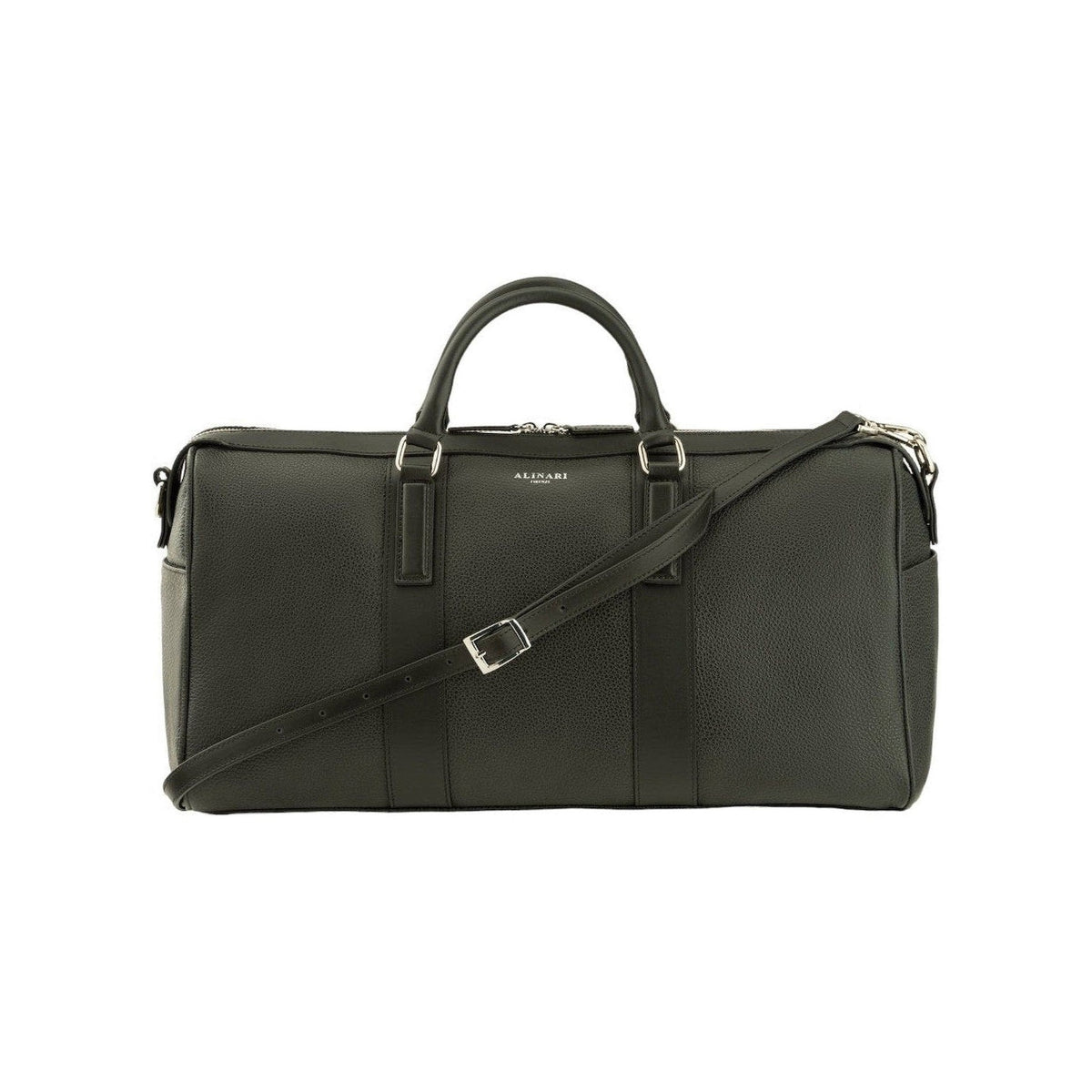 Milano, travel bag in black deer-print Italian calfskin – front view with shoulder strap – Made in Italy