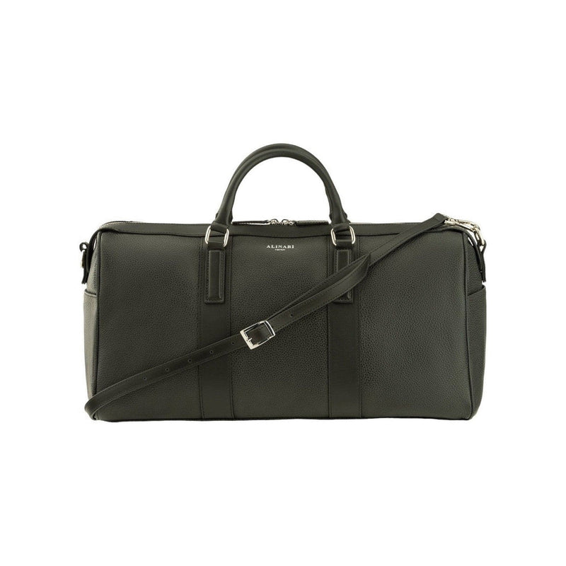Milano, travel bag in black deer-print Italian calfskin – front view with shoulder strap – Made in Italy