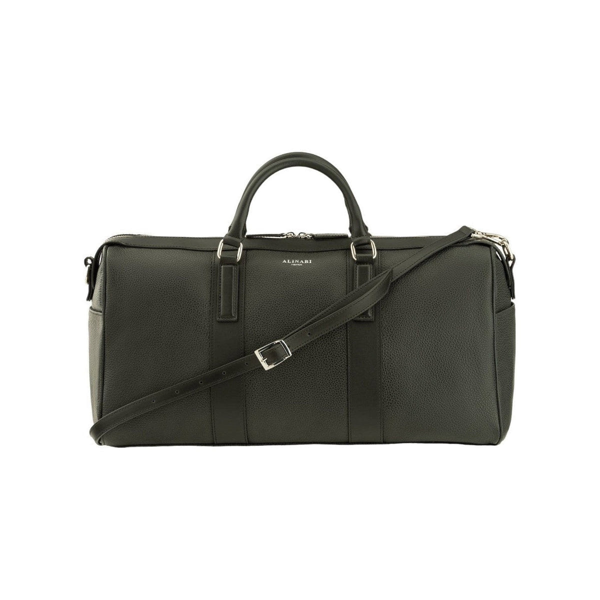 Milano, travel bag in black deer-print Italian calfskin – front view with shoulder strap – Made in Italy