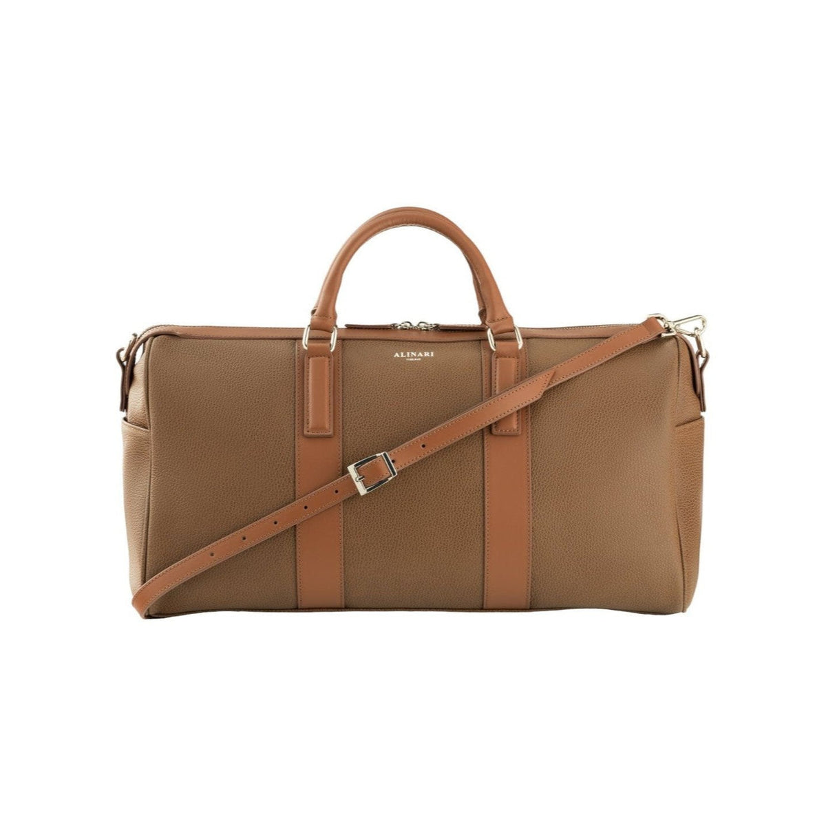 Milano, travel bag in brown deer-print Italian calfskin – front view with shoulder strap