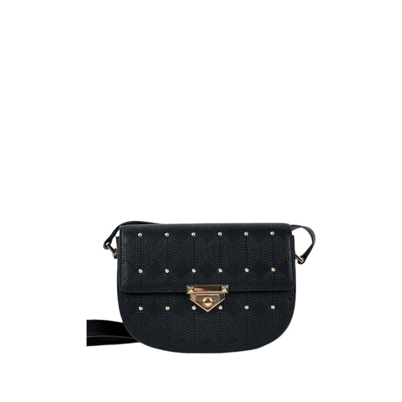 Naelie, crossbody bag in black diamond-quilted Italian leather with gold studs – front view with shoulder strap – Made in Italy