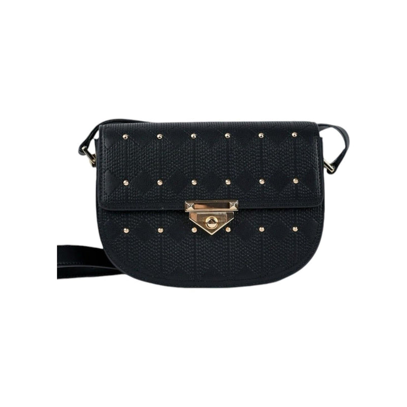 Naelie, crossbody bag in black diamond-quilted Italian leather with gold studs – front view with shoulder strap – Made in Italy