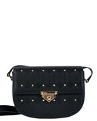 Naelie, crossbody bag in black diamond-quilted Italian leather with gold studs – front view with shoulder strap – Made in Italy