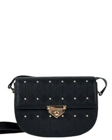 Naelie, crossbody bag in black diamond-quilted Italian leather with gold studs – front view with shoulder strap – Made in Italy