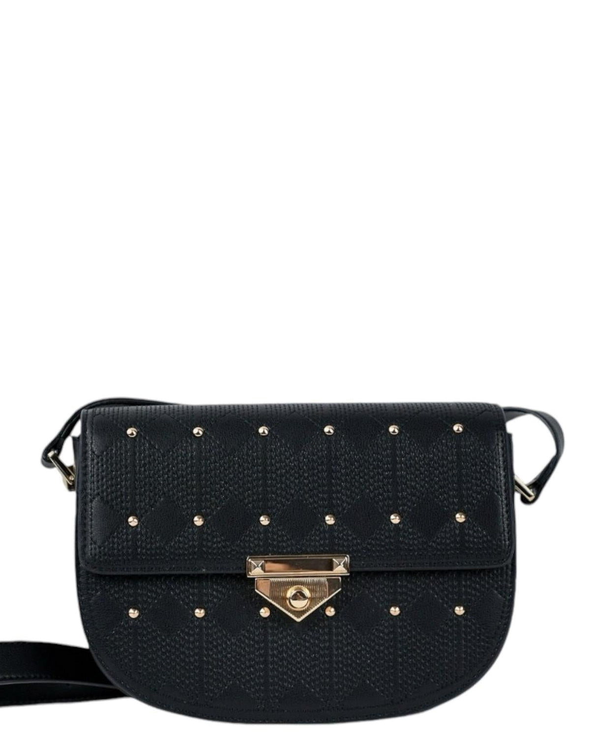 Naelie, crossbody bag in black diamond-quilted Italian leather with gold studs – front view with shoulder strap – Made in Italy