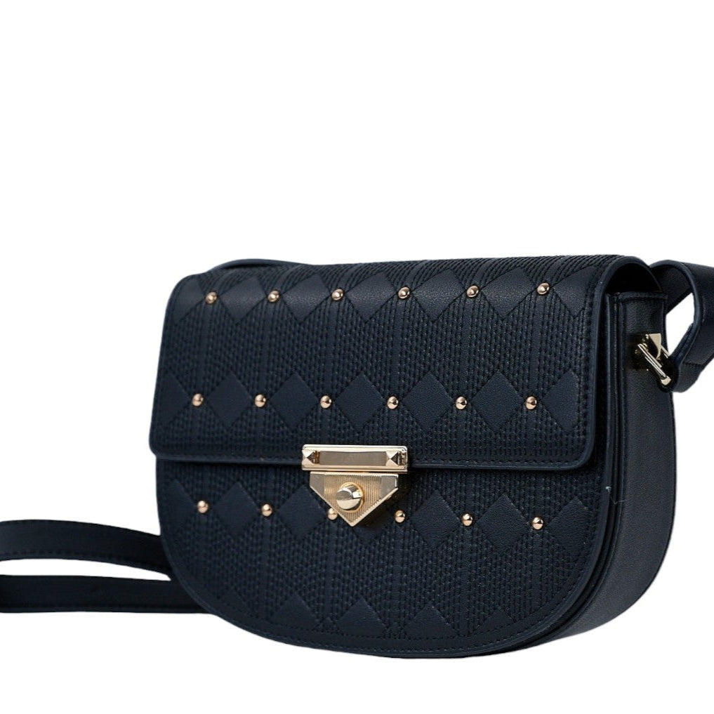 Naelie, crossbody bag in black diamond-quilted Italian leather with gold studs – three-quarter view