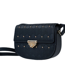 Naelie, crossbody bag in black diamond-quilted Italian leather with gold studs – three-quarter view