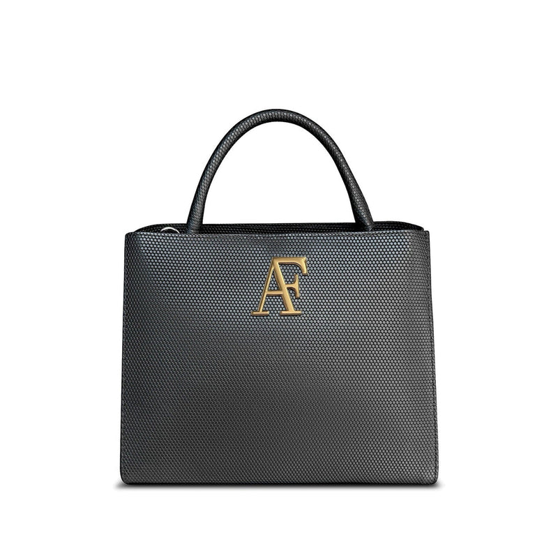 Navona, top-handle bag in black honeycomb-embossed Italian leather – front view