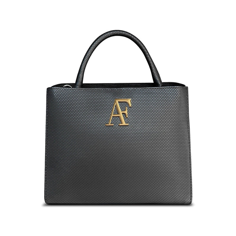 Navona, top-handle bag in black honeycomb-embossed Italian leather – front view
