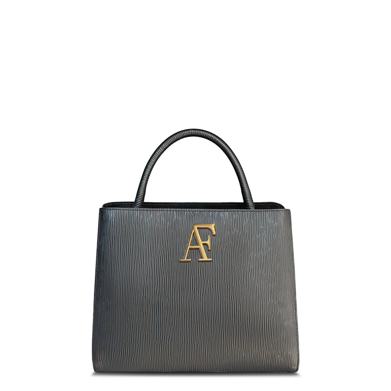 Navona, top-handle bag in black textured Italian leather – front view